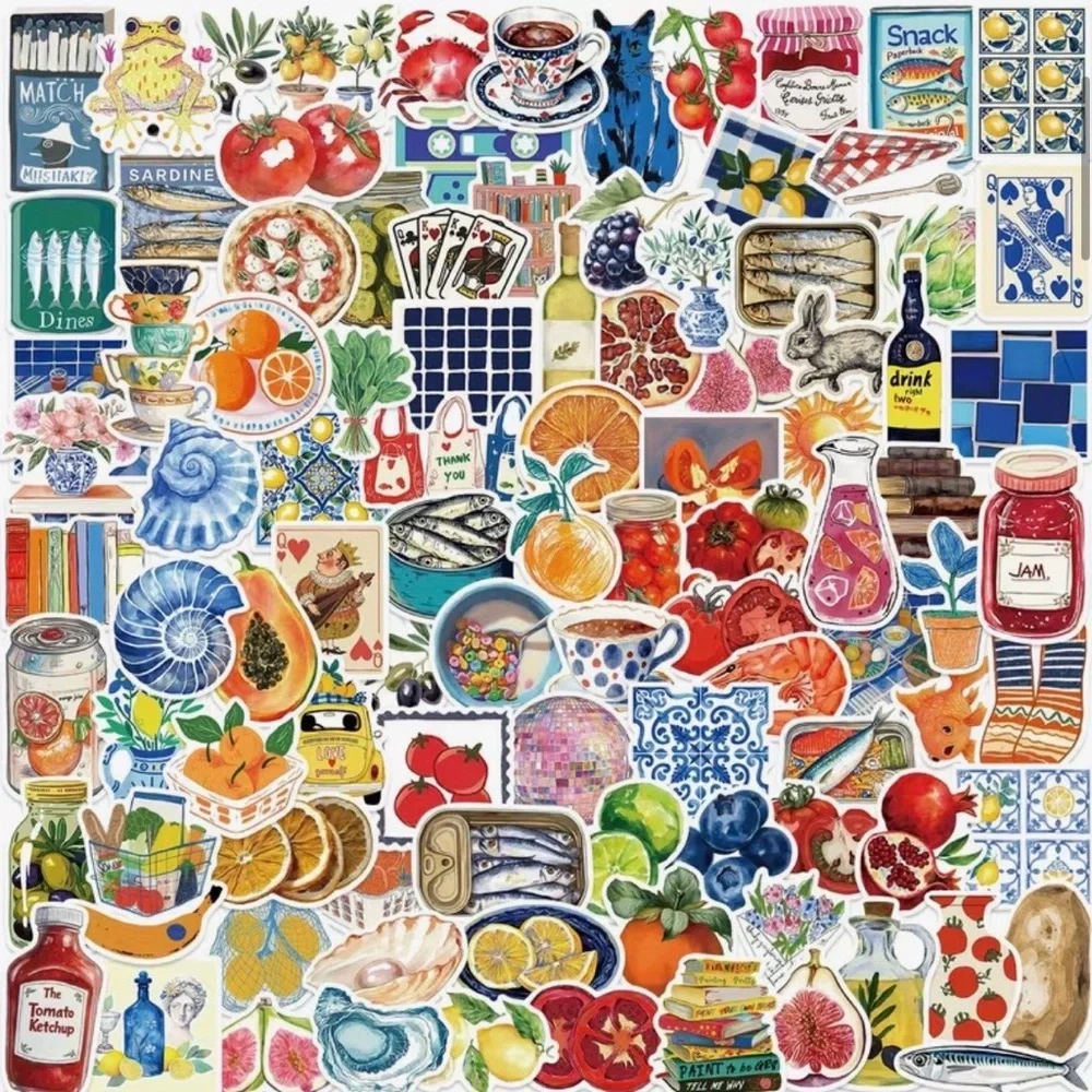 100 Mediterranean Stickers Summer Fruit Sardine Shells Tomato Lemons Italian - Picture 1 of 7